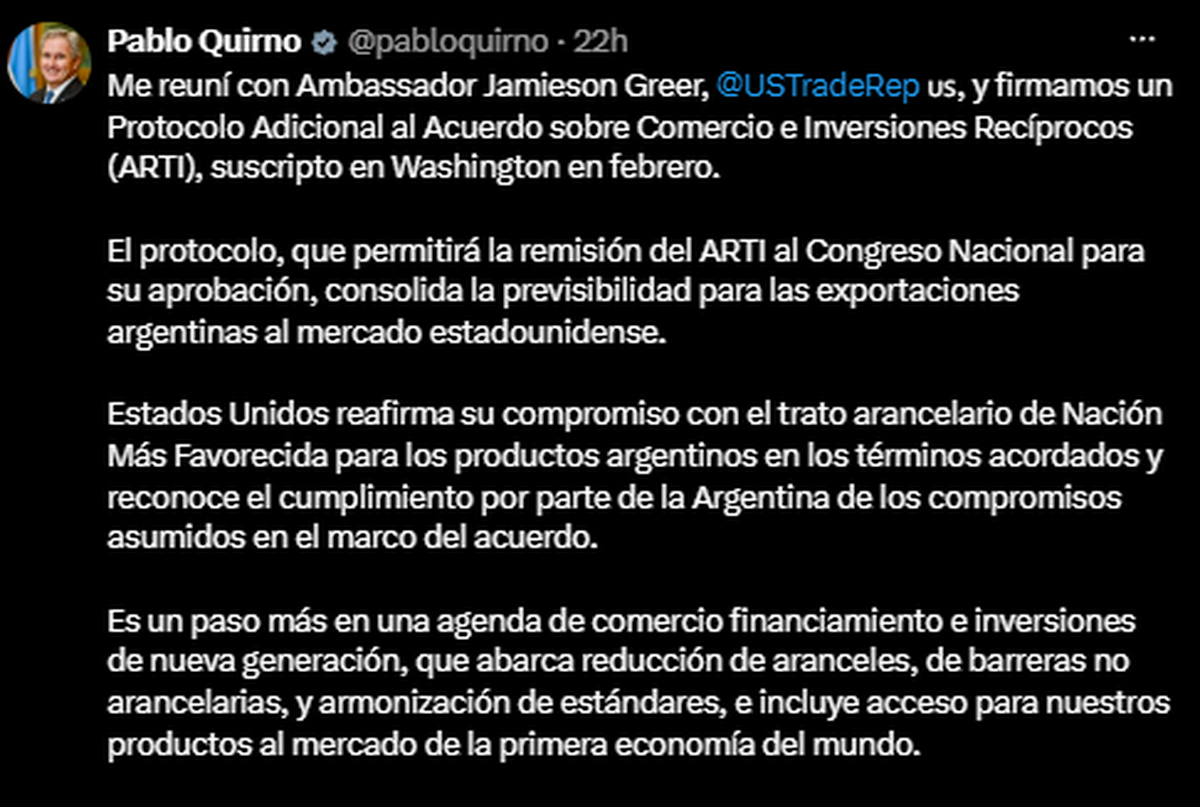 Parte del posteo del Canciller Pablo Quirno en redes sociales. Fuente: X.