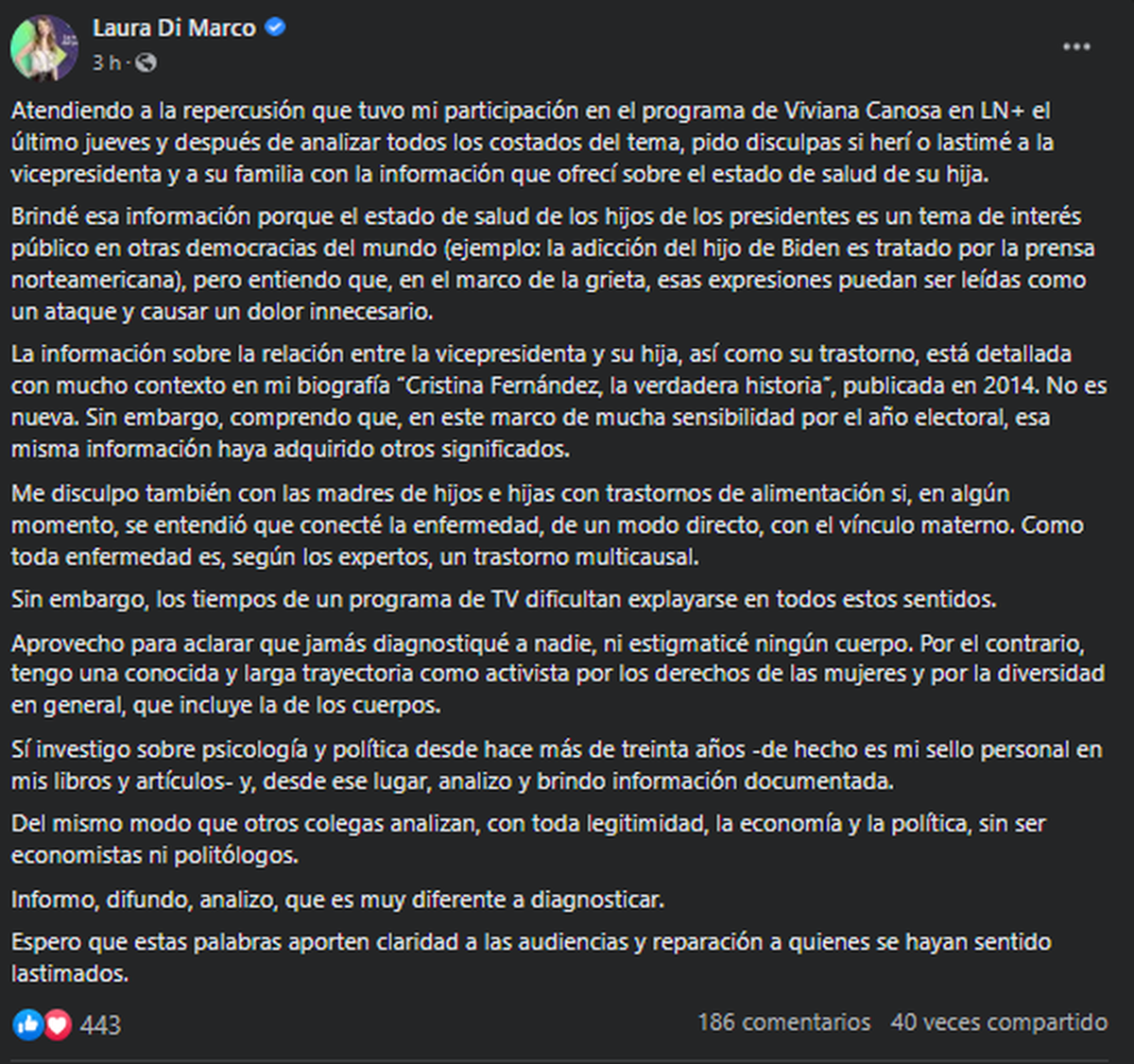 Acá completa, la carta pública de disculpas.