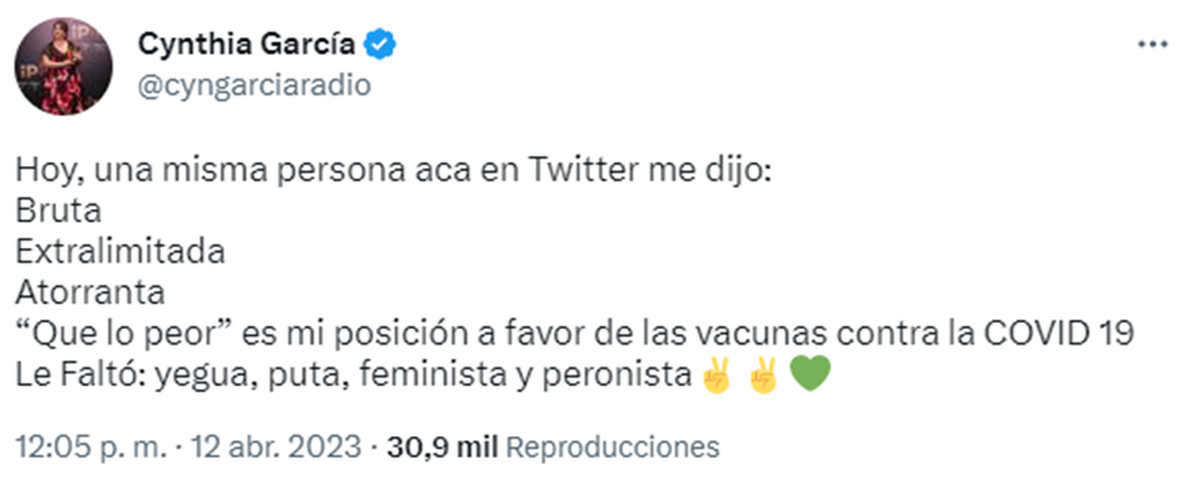 García lanzó un nuevo tuit refiriéndose a los dichos de Mariquita Delvecchio, pareja de Maslatón.