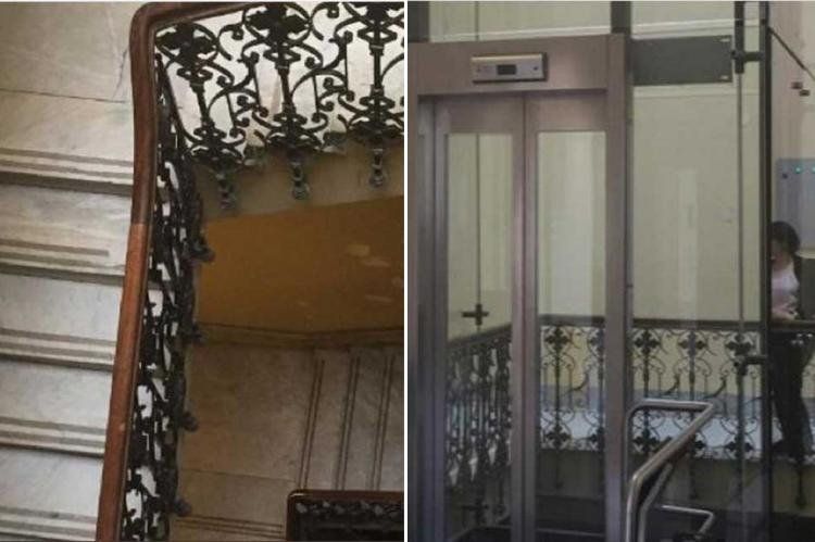 Macri mandó a sacar la escalera de mármol de la Rosada (imagen izquierda) para poner un ascensor (foto a la derecha).