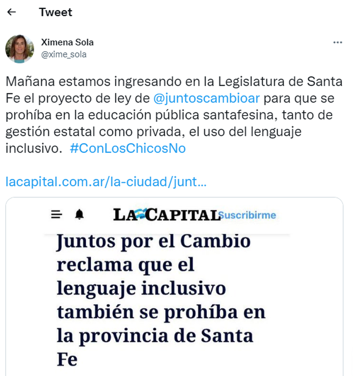 La diputada Ximena Sola anunció en su Twitter el proyecto para prohibir el lenguaje inclusivo.