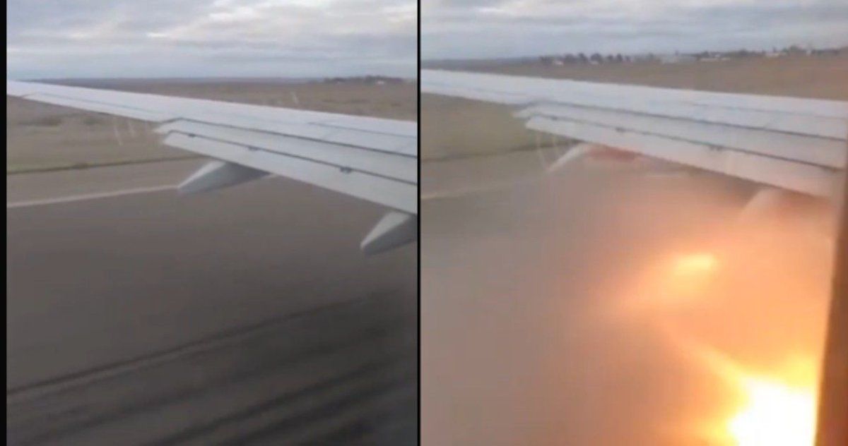 El momento en que una turbina del avión de Aerolíneas Argentinas se prende fuego, al despegar.