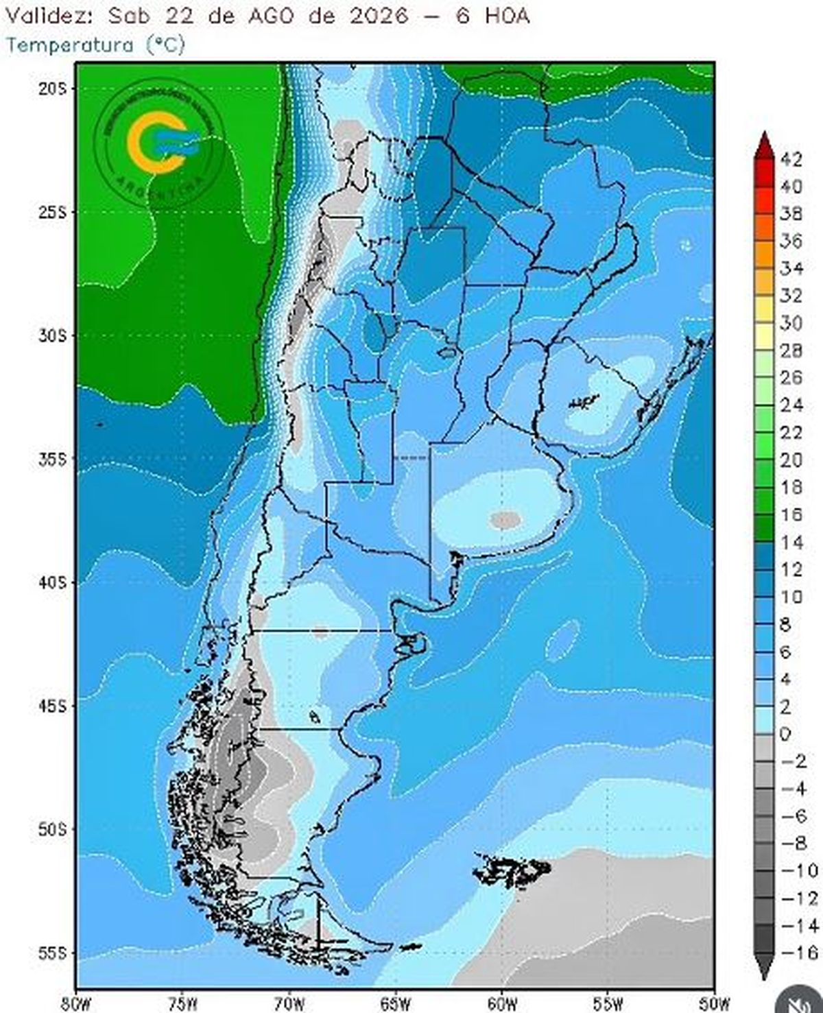 Mapa de c&oacute;mo el fr&iacute;o dominar&aacute; el pa&iacute;s el s&aacute;bado 20/08.&nbsp;