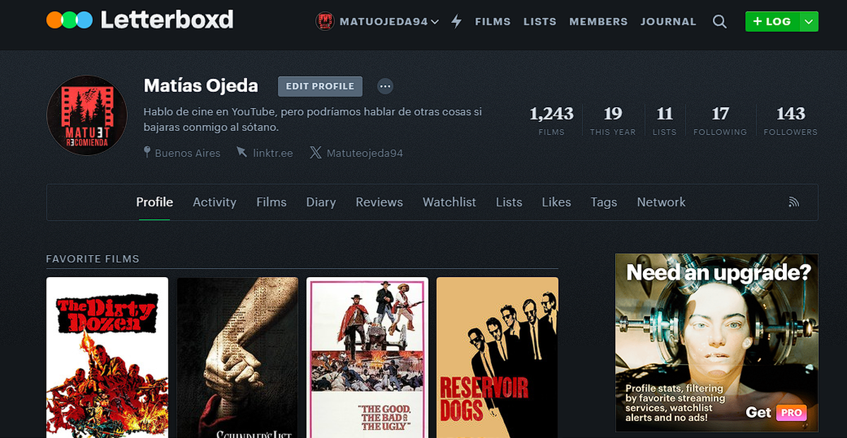 Acá un perfil: tiene cuatro películas favoritas, y los datos de seguidores y seguidos. Acá un perfil: tiene cuatro películas favoritas, y los datos de seguidores y seguidos.
