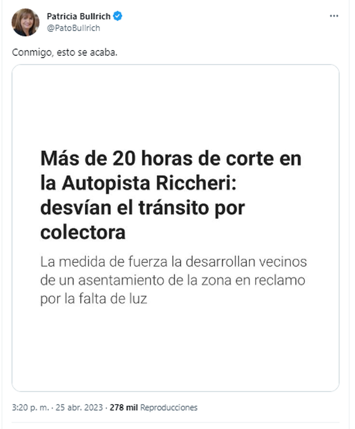 La publicación de Bullrich a la que Maslatón había contestado previo a sus tuits.