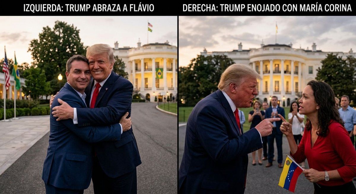 Imagen creada con IA: de un lado, Flávio Bolsonaro siendo abrazado por Trump, y del otro, el presidente estadounidense enojado con María Corina Machado.