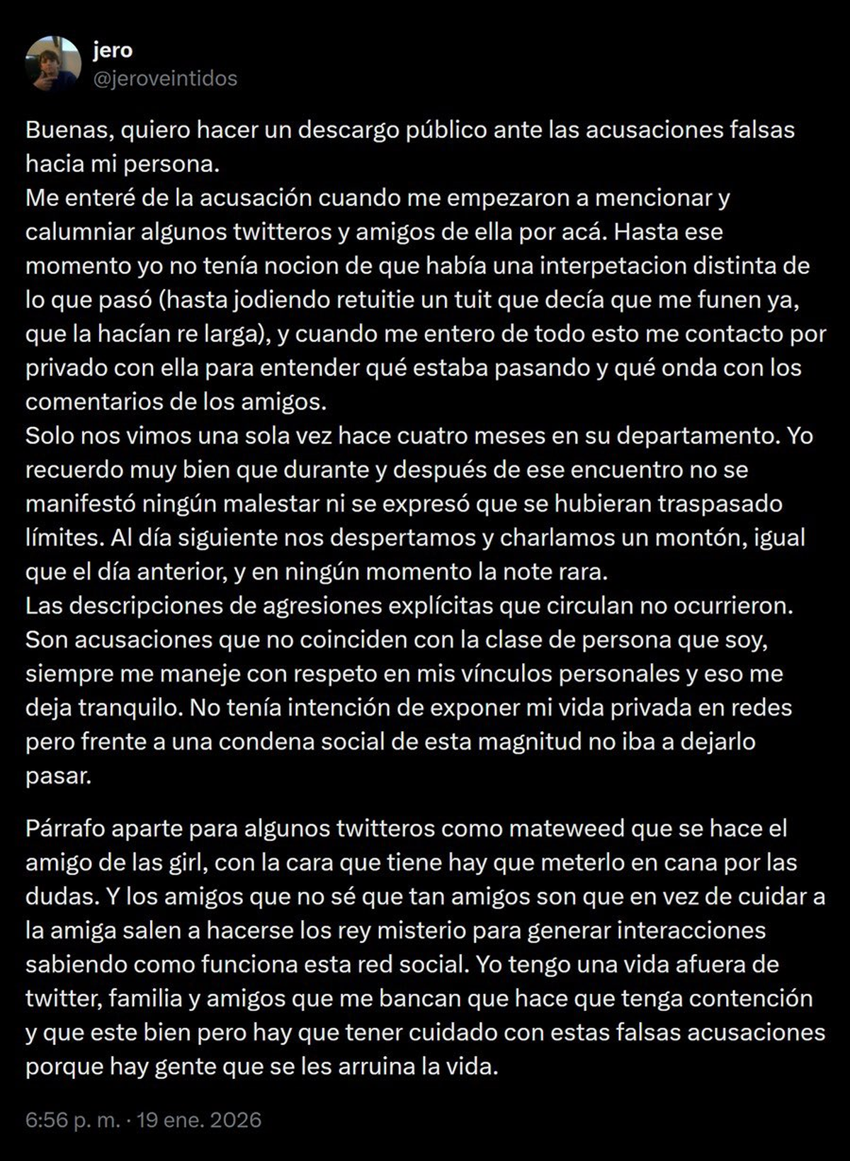 Su extenso descargo negaba las acusaciones y defendía su imagen, pero los errores ortográficos y las frases polémicas de su posteo fueron fuente inagotable de burlas. Su extenso descargo negaba las acusaciones y defendía su imagen, pero los errores ortográficos y las frases polémicas de su posteo fueron fuente inagotable de burlas.