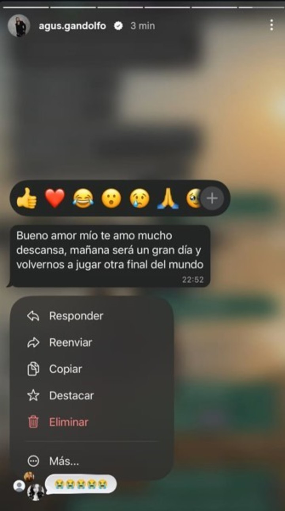 El mensaje premonitorio de Lautaro Mart&iacute;nez a su mujer. (Foto: Instagram de Agustina Gandolfo).