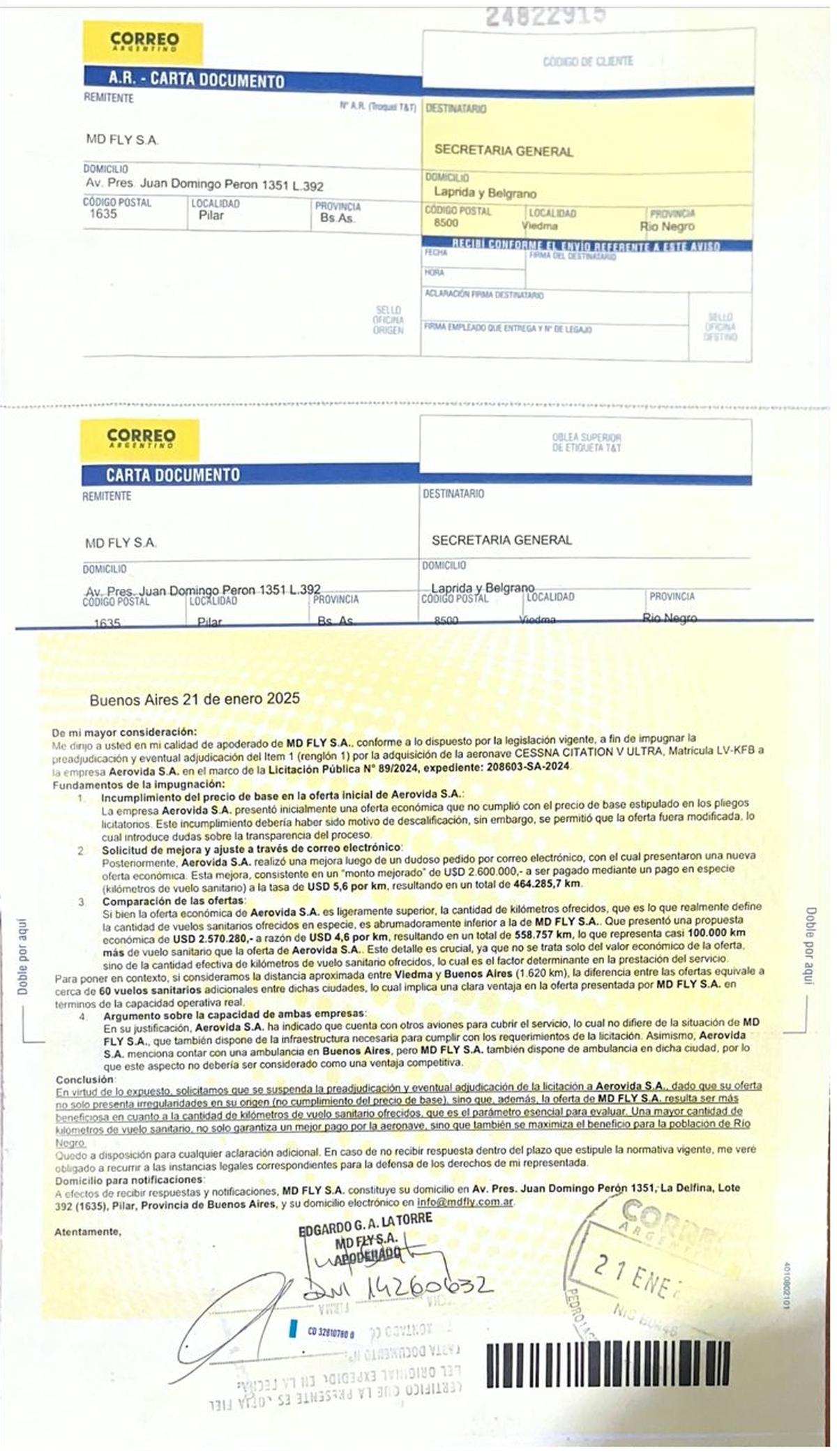 Imagen de la carta documento enviada por MD Fly al Gobierno de Río Negro. Imagen de la carta documento enviada por MD Fly al Gobierno de Río Negro.
