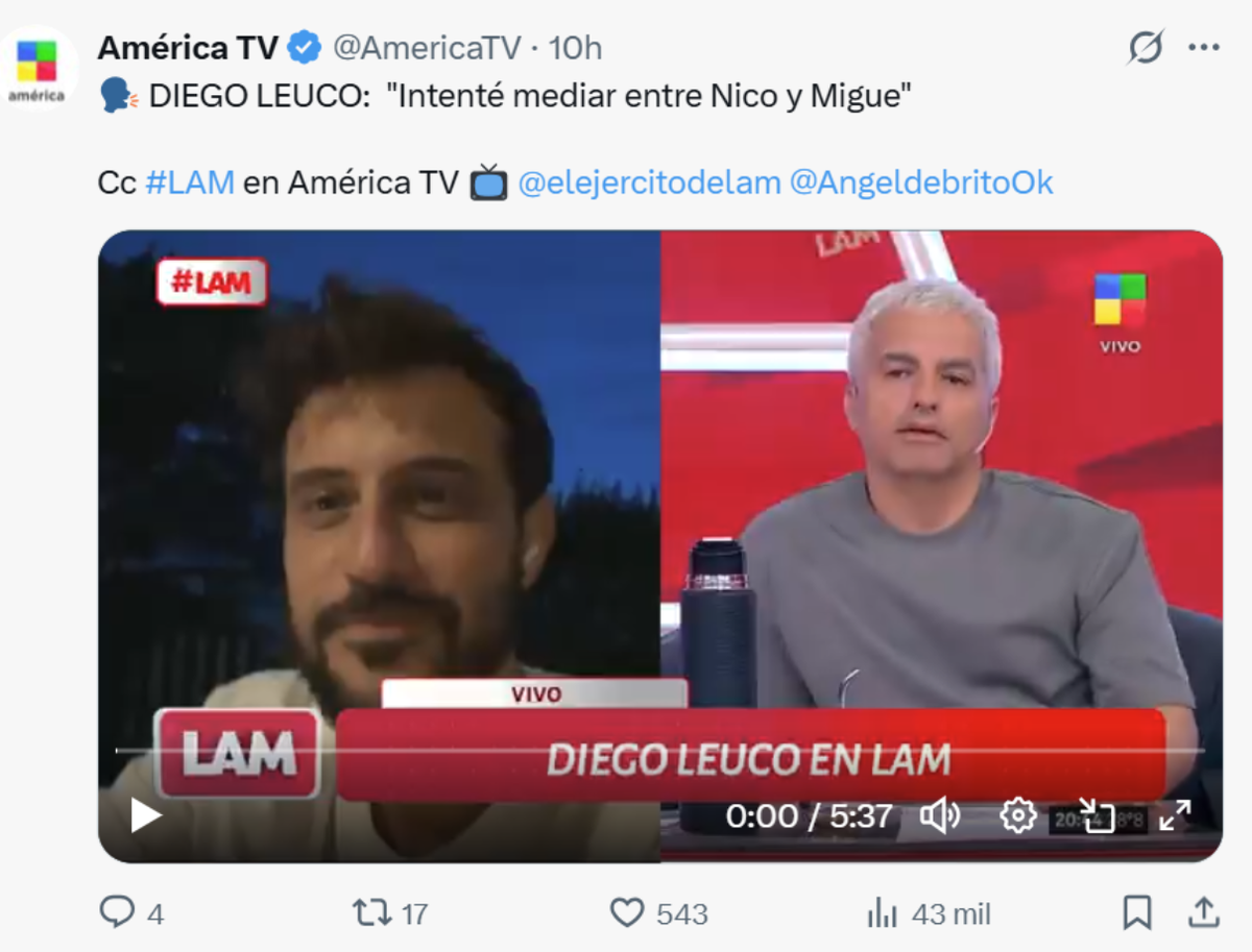 Diego Lueco se refirió a la enemistad entre Nicolás Occhiato y Migue Granados. Diego Lueco se refirió a la enemistad entre Nicolás Occhiato y Migue Granados.