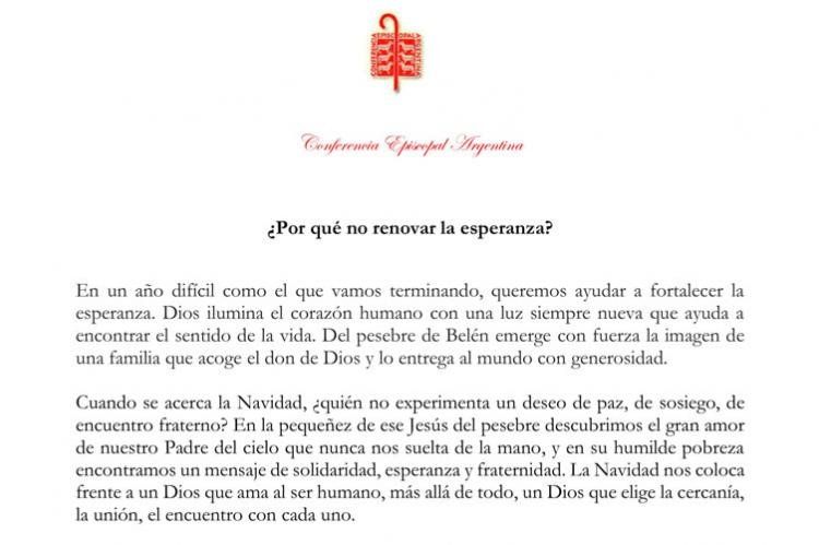 La carta de la Conferencia Episcopal Argentina con motivo de la Navidad