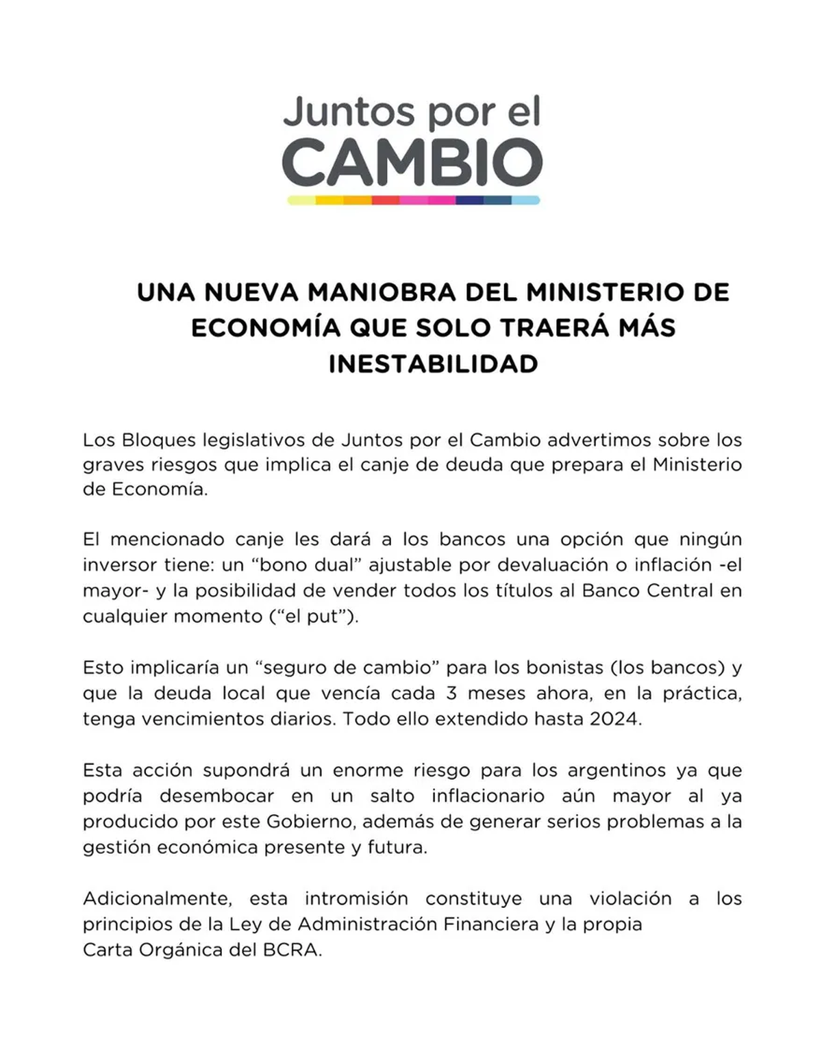 El comunicado de JxC contra el canje de la deuda de Sergio Massa