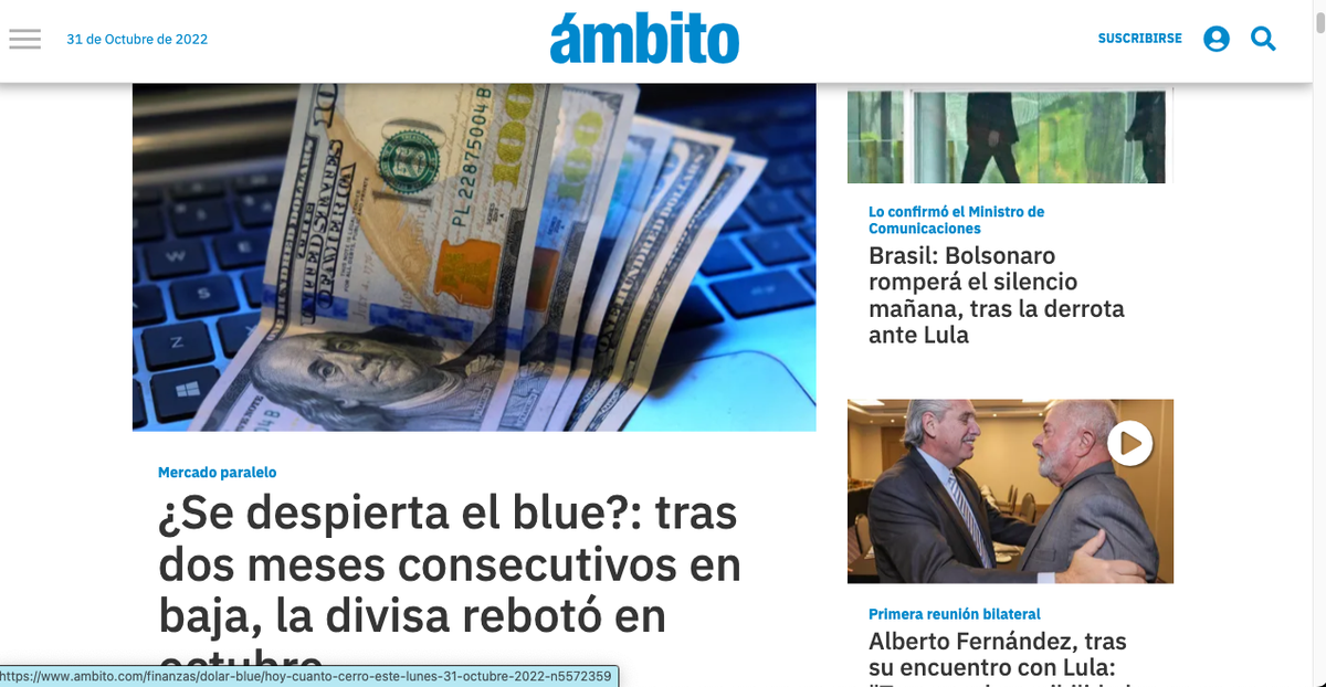 El título de portada de Ámbito Financiero augurando una subida del dólar blue.