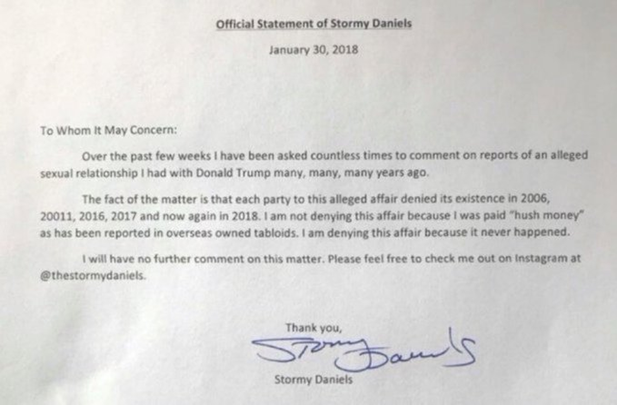 Declaraci&oacute;n jurada de Stormy Daniels en donde asegur&oacute; que Trump no le pag&oacute;