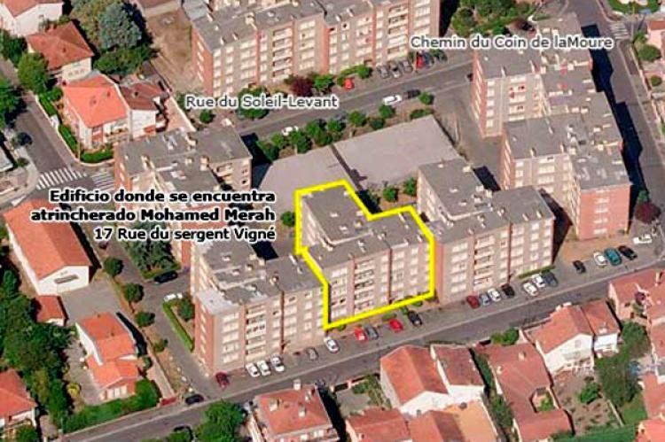 Ubicación del sospechoso y el cerco policial en Toulouse, Francia.