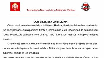 Con Milei, ni a la esquina, el comunicado del sector radical de Storani. Con Milei, ni a la esquina, el comunicado del sector radical de Storani.