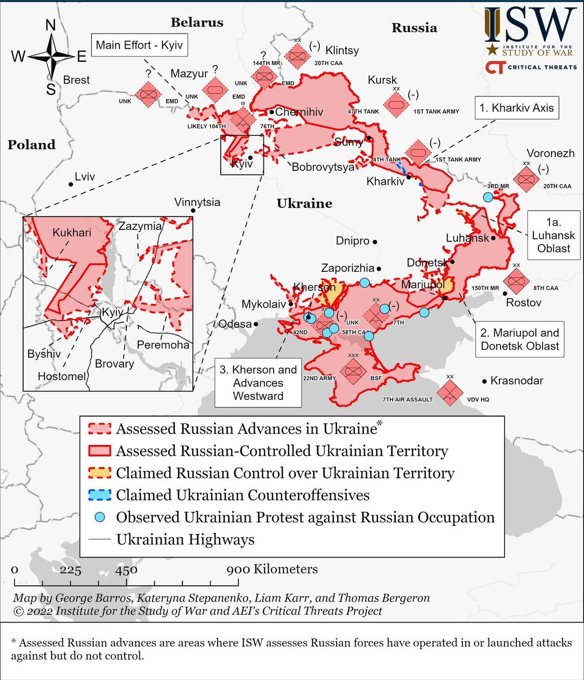 Ucrania hoy día, con las posiciones de Rusia en color.