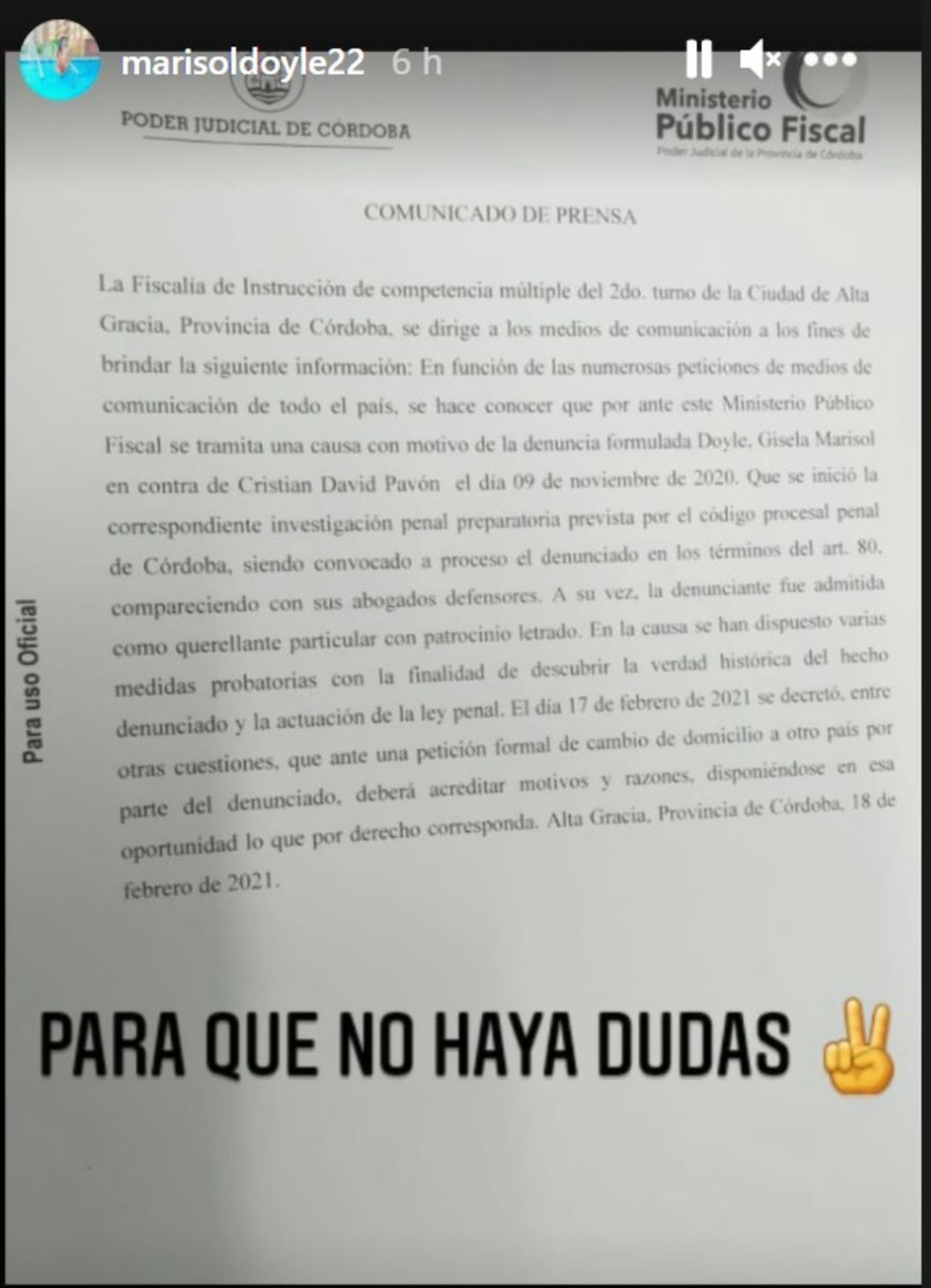 El comunicado judicial que Marisol Doyle dio a conocer en sus redes sociales. (Foto: La Nación).