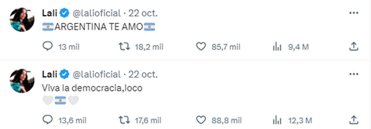 Lali publicó sus tuis tan pronto los pronósticos comenzaron a vaticinar la victoria de Massa. Lali publicó sus tuis tan pronto los pronósticos comenzaron a vaticinar la victoria de Massa. 