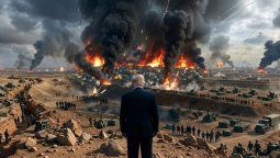 Imagen creada con IA en la que se ve a Donald Trump viendo una ciudad arder en llamas por la guerra.