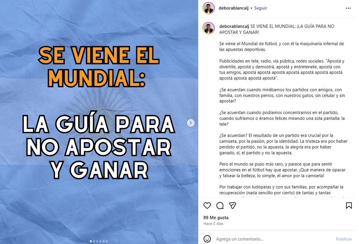 La psicóloga Débora Blanco promueve la importancia de no apostar mediante las redes sociales. La psicóloga Débora Blanco promueve la importancia de no apostar mediante las redes sociales.