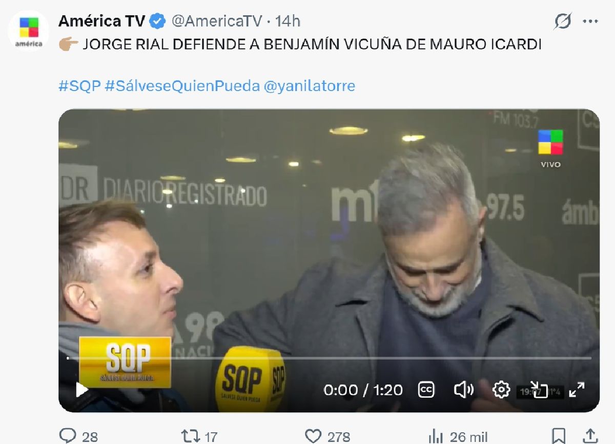Jorge Rial opinó luego del enfrentamiento por redes entre Mauro Icardi y Benjamín Vicuña. Jorge Rial opinó luego del enfrentamiento por redes entre Mauro Icardi y Benjamín Vicuña.