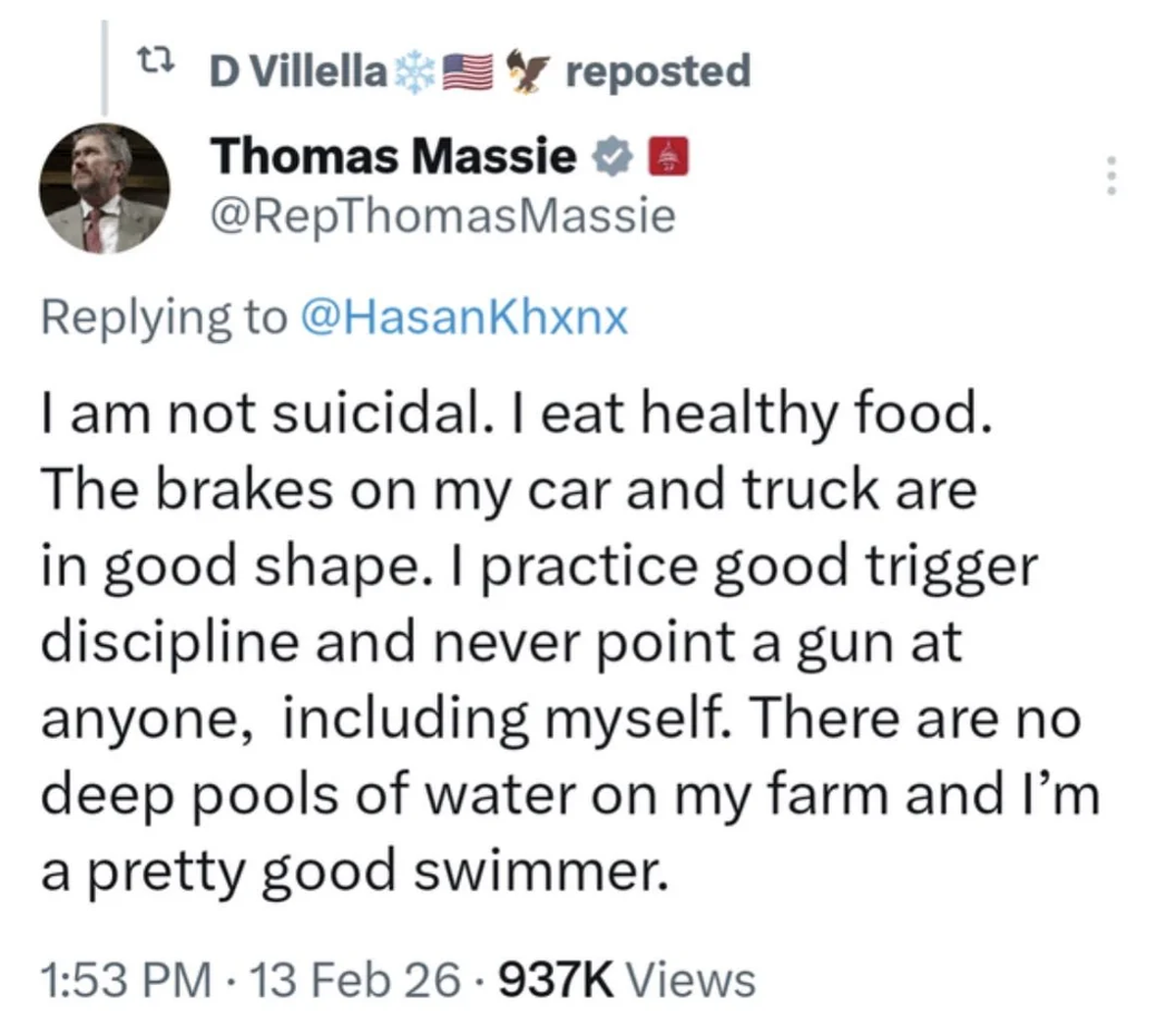 El republicano Thomas Massie, advirtiéndole al mundo que teme por su vida tras haberse enfrentado a Trump por los archivos Epstein: "No soy suicida. Como comida saludable. Los frenos de mi auto y mi camión están en buen estado. Practico una buena disciplina con el gatillo y nunca apunto un arma a nadie, incluyéndome a mí mismo. No hay piscinas profundas de agua en mi granja y soy un nadador bastante bueno". El republicano Thomas Massie, advirtiéndole al mundo que teme por su vida tras haberse enfrentado a Trump por los archivos Epstein: "No soy suicida. Como comida saludable. Los frenos de mi auto y mi camión están en buen estado. Practico una buena disciplina con el gatillo y nunca apunto un arma a nadie, incluyéndome a mí mismo. No hay piscinas profundas de agua en mi granja y soy un nadador bastante bueno".