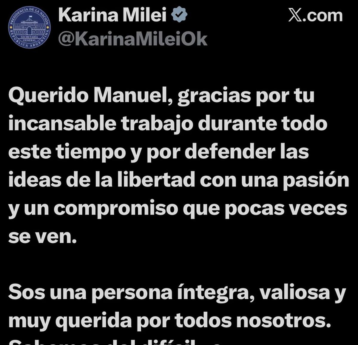 X de Karina Milei en respaldo a Adorni. X de Karina Milei en respaldo a Adorni. 