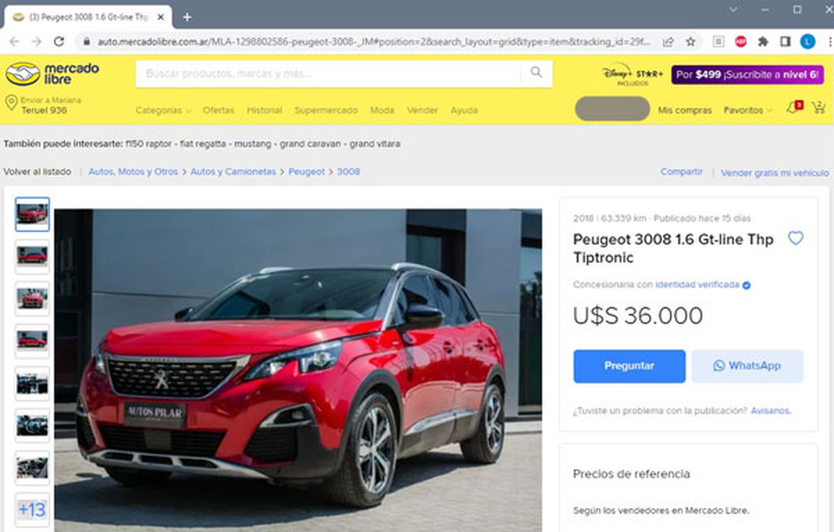 El auto que Romina consigna en su DDJJ a $1.2M, según MercadoLibre
