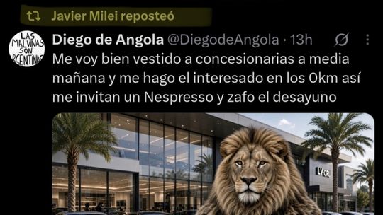 Javier Milei volvió a ser blanco de burlas en las redes después de darle repost a un meme que confundió con un elogio a su Gobierno. Las ironías no son lo suyo. Foto: X
