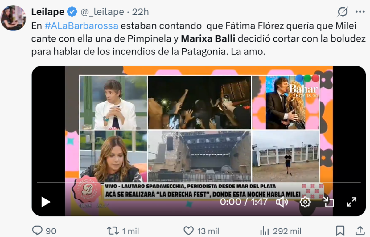 Marixa Balli cuestionó al Presidente por cantar con Fátima Florez en medio de los incendios en la Patagonia. Marixa Balli cuestionó al Presidente por cantar con Fátima Florez en medio de los incendios en la Patagonia.