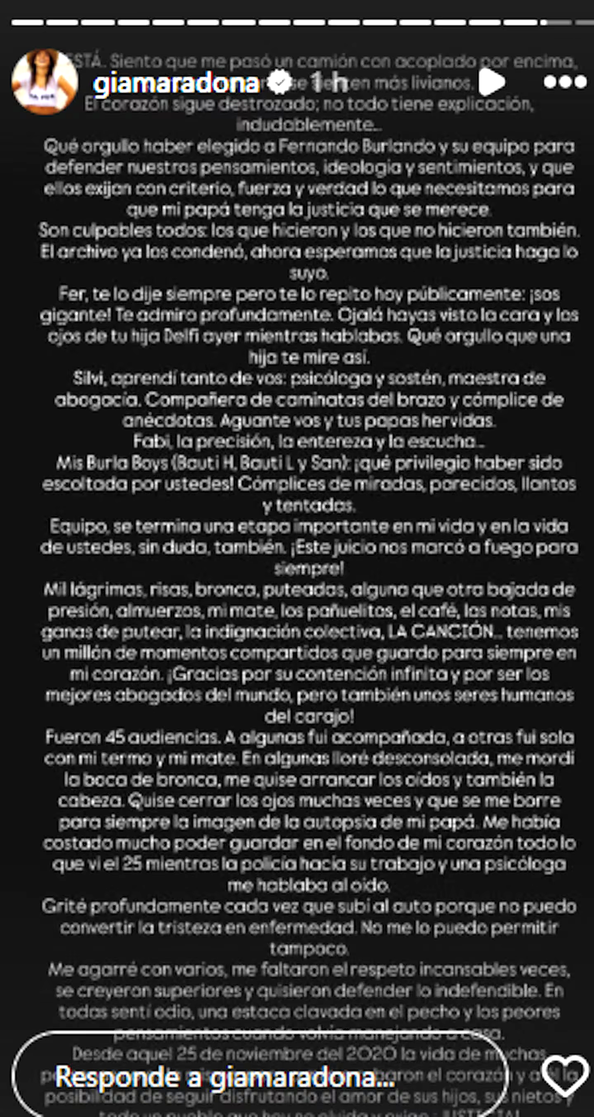 El descargo completo de Gianinna Maradona. Foto: Instagram El descargo completo de Gianinna Maradona. Foto: Instagram