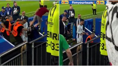 Un hincha saltó a saludar a Cristiano Ronaldo y casi lo rompe