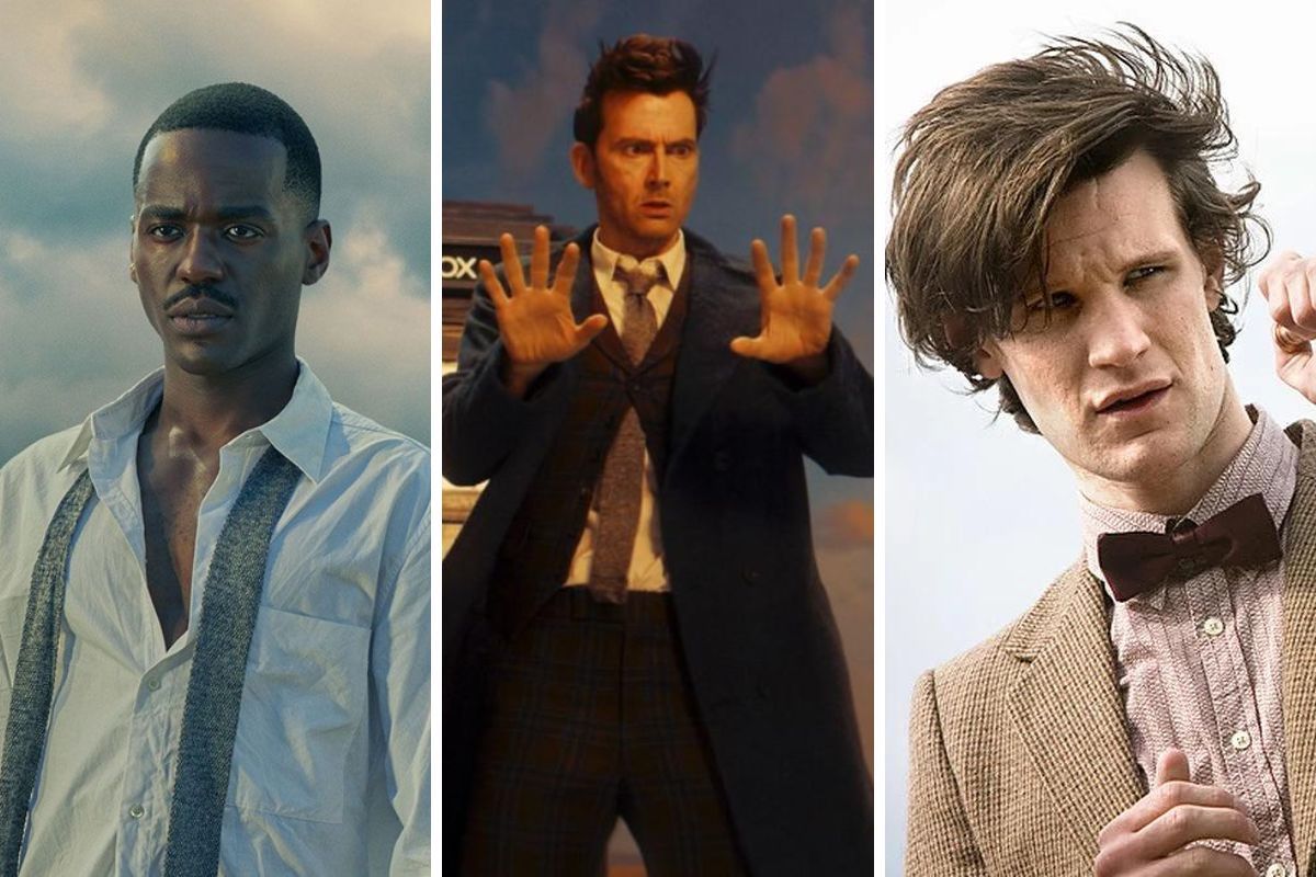 De izquierda a derecha: Ncuti Gatwa, David Tennant y Matt Smith, personificados como su versión del señor del tiempo.
