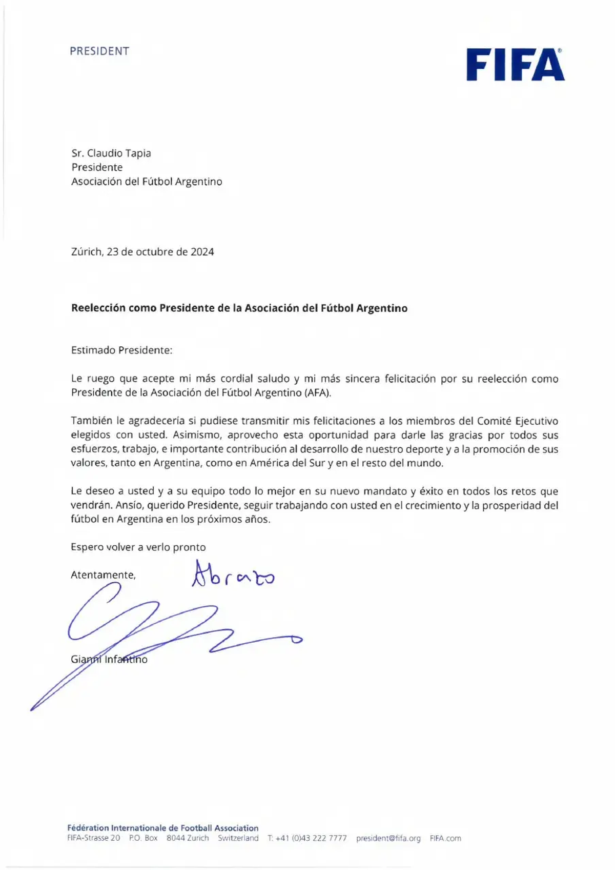 La carta enviada por Gianni Infantino a Claudio Tapia y todo su Comité Ejecutivo. La carta enviada por Gianni Infantino a Claudio Tapia y todo su Comité Ejecutivo.