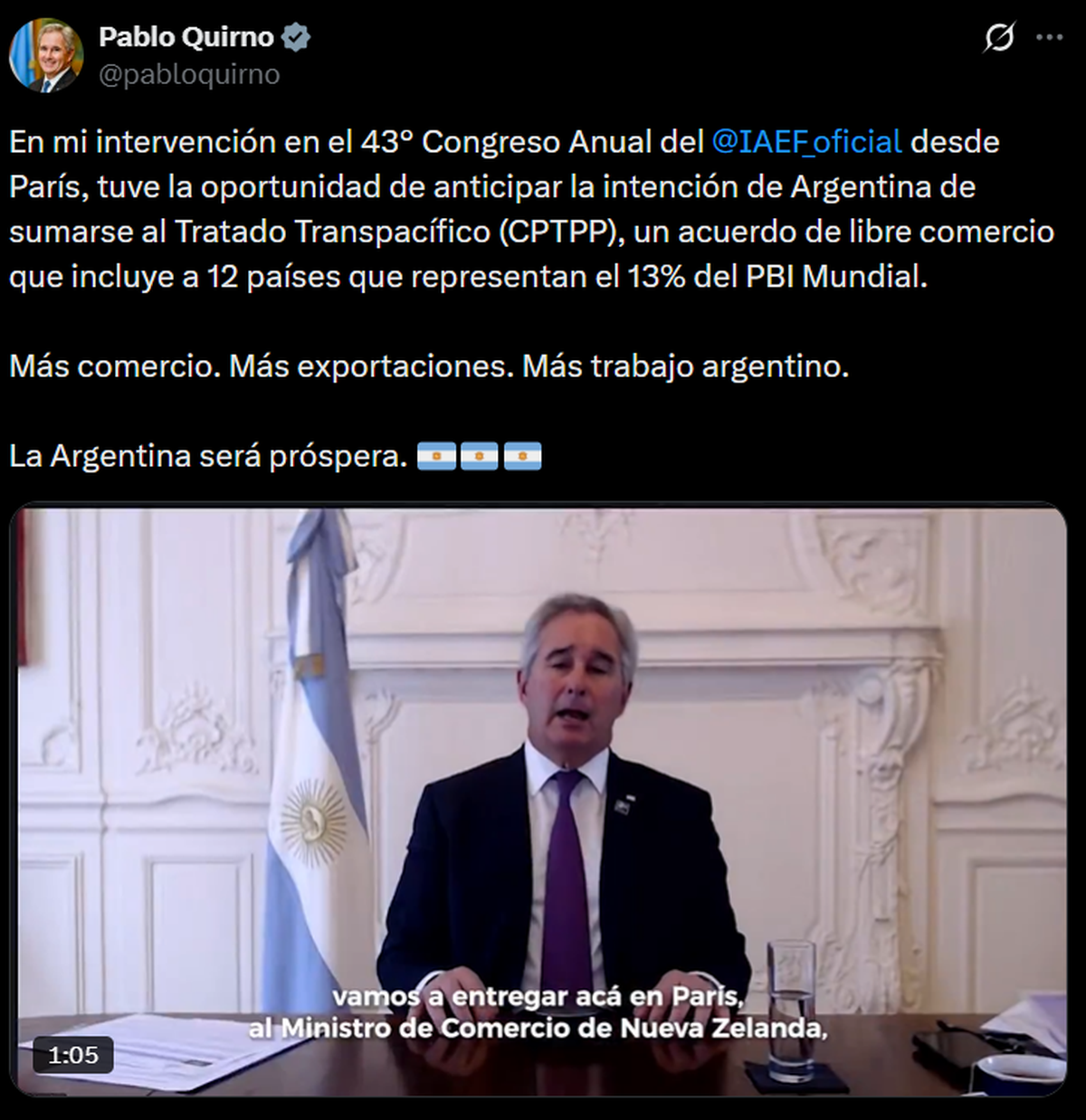 Publicación del Canciller, Pablo Quirno, en su cuenta de X. Fuente: X. Publicación del Canciller, Pablo Quirno, en su cuenta de X. Fuente: X.
