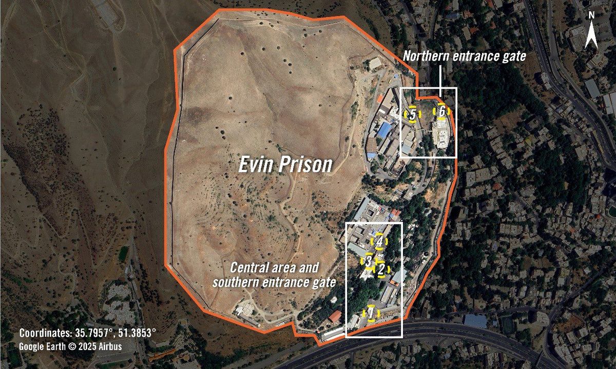 Prisión de Evin, en Teherán, y los lugares donde bombardeó Israel.