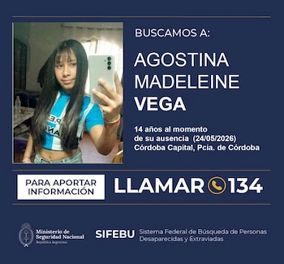 Alerta Sofía para Agostina Vega
