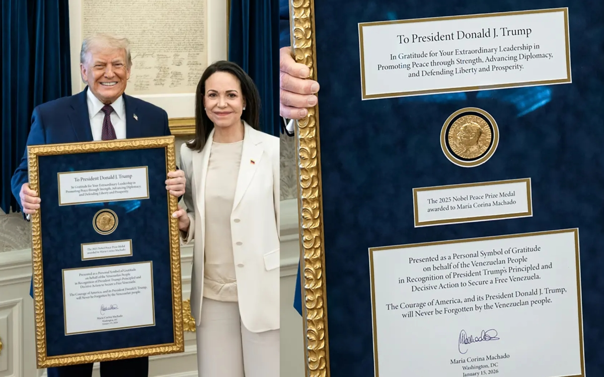 María Corina Machado le obsequió a Trump su Premio Nobel de la Paz, en agradecimiento por la captura de Maduro, a pesar de que aún en Venezuela sigen invictos Diosdado Cabello, los hermanos Rodríguez y Vladimir Padrino López, todos ellos manchados de sangre al igual que el dictador. María Corina Machado le obsequió a Trump su Premio Nobel de la Paz, en agradecimiento por la captura de Maduro, a pesar de que aún en Venezuela sigen invictos Diosdado Cabello, los hermanos Rodríguez y Vladimir Padrino López, todos ellos manchados de sangre al igual que el dictador.