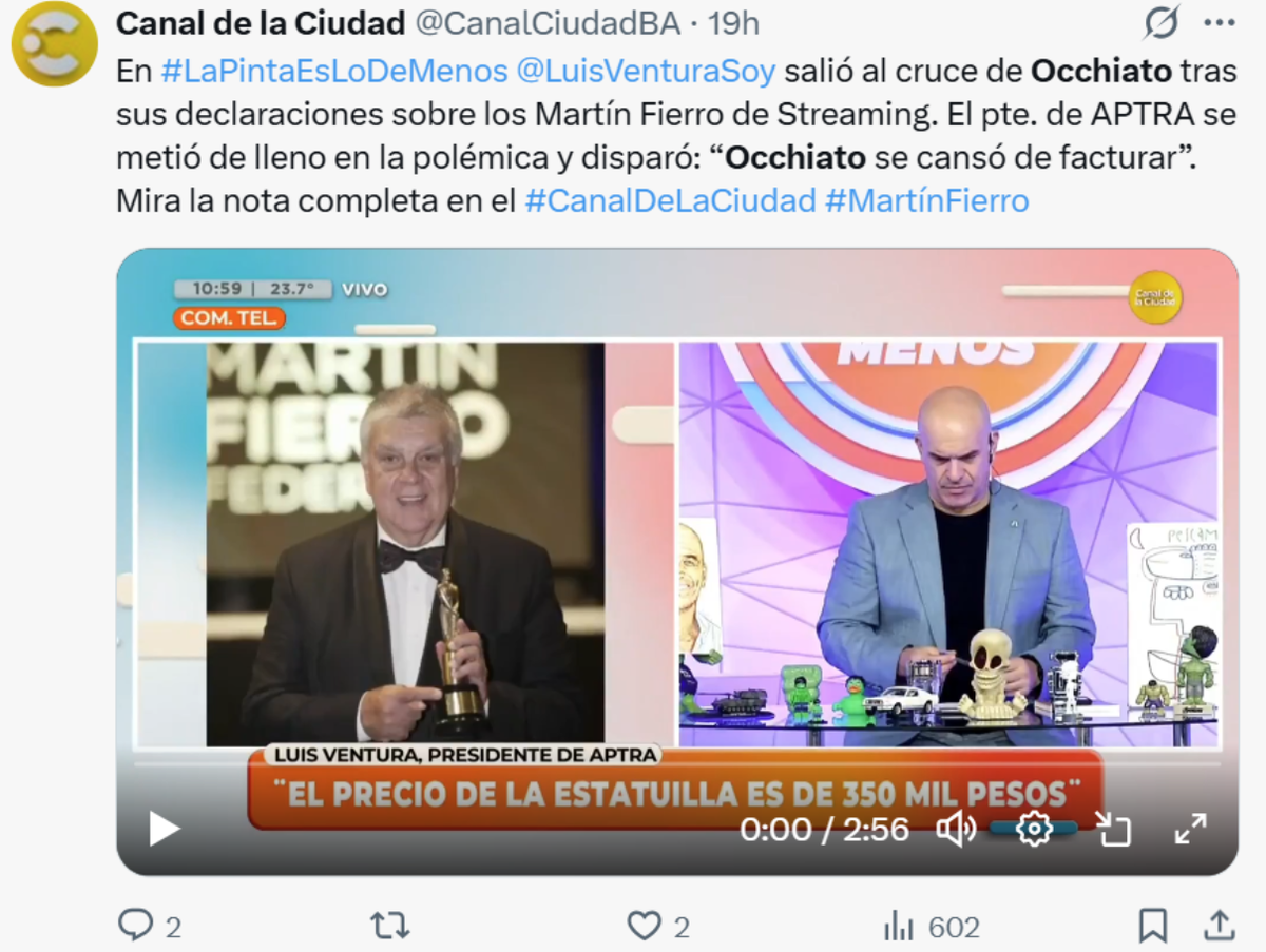 Luis Ventura apuntó contra Nicolás Occhiato tras su crítica a los Martín Fierro de los canales de streaming. Luis Ventura apuntó contra Nicolás Occhiato tras su crítica a los Martín Fierro de los canales de streaming.