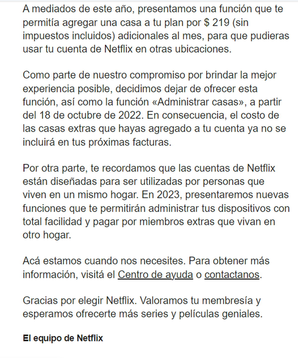 El comunicado que Netflix envió a los usuarios por mail.