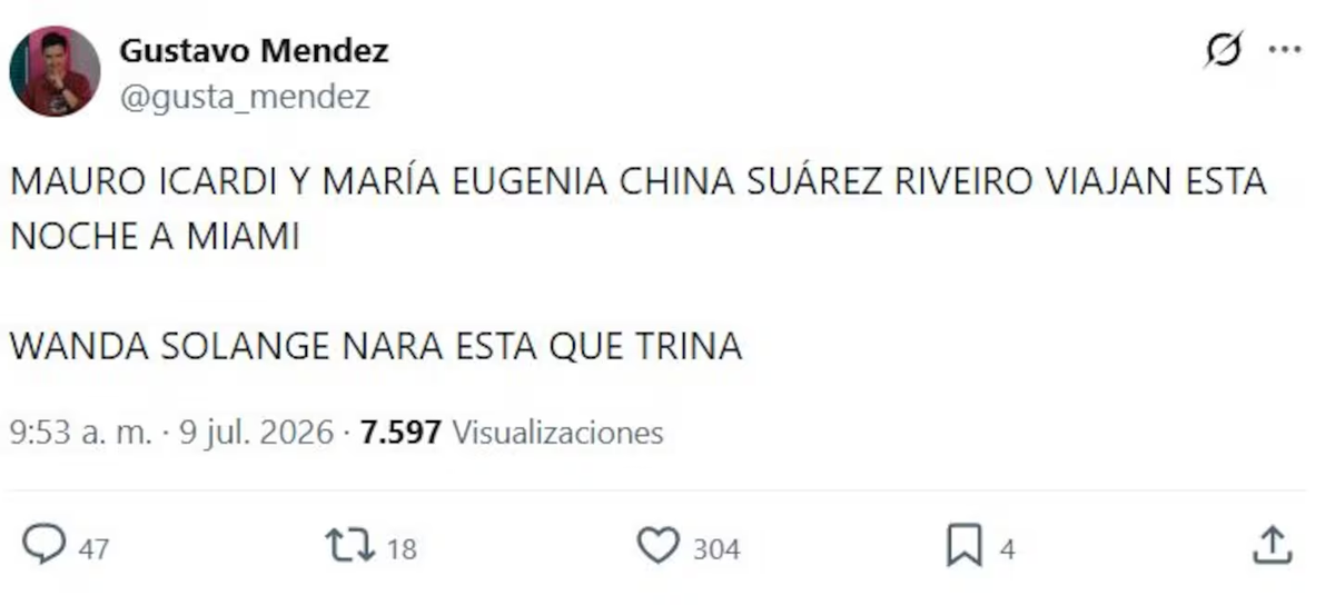 Wanda Nara recibi&oacute; muy mal la noticia del viaje, seg&uacute;n los periodistas Gustavo M&eacute;ndez y Naiara Vecchio. Foto: X