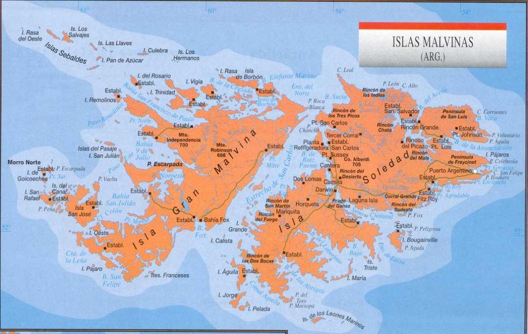 Islas Malvinas, cabecera de los archipiélagos argentinos (descuidados) en el Atlántico Sur.