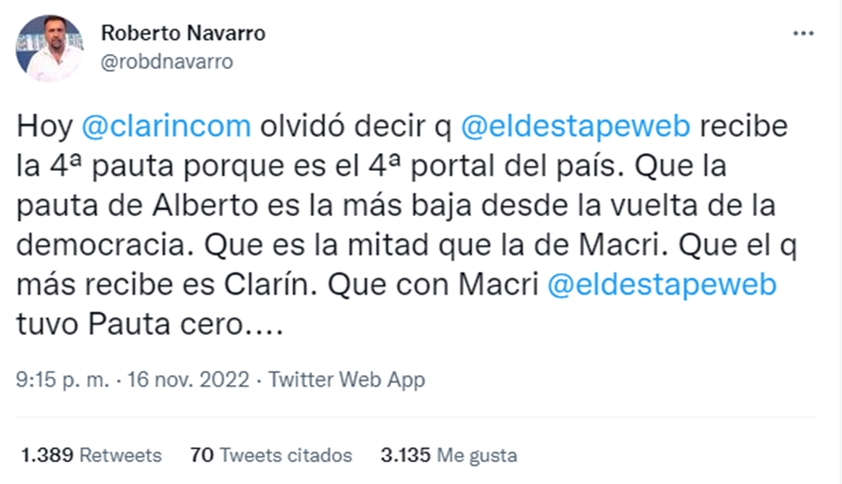 Navarro contestó a través de sus redes sociales. 