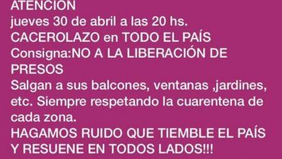 Convocan a un cacerolazo contra la liberación de presos: 