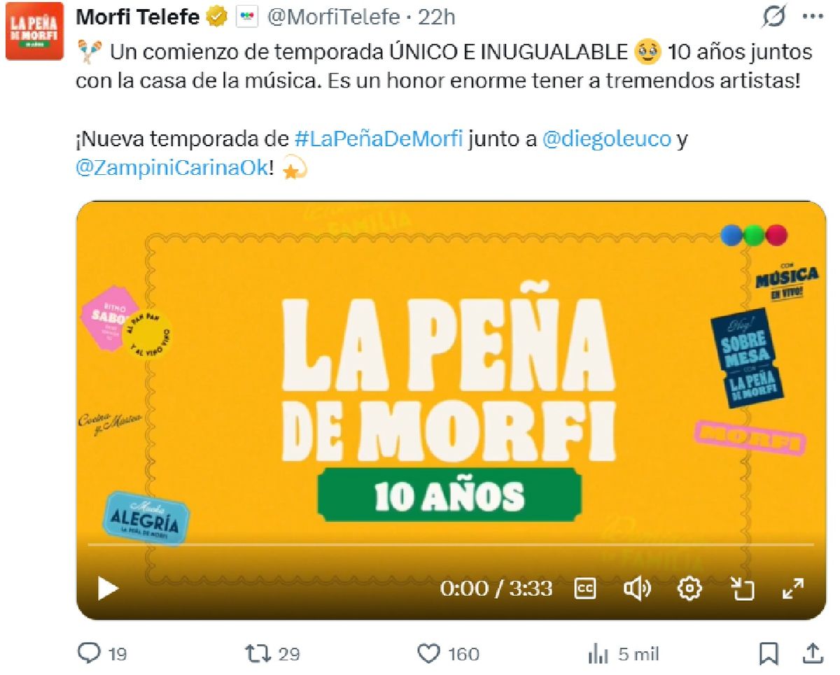 La Peña de Morfi regresó a la pantalla de Telefe con la conducción de Diego Leuco y Carina Zampini. La Peña de Morfi regresó a la pantalla de Telefe con la conducción de Diego Leuco y Carina Zampini.