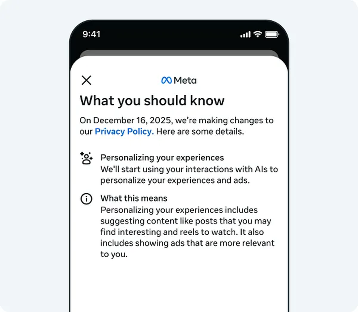 La actualización solo afecta las interacciones con Meta AI para personalizar contenido y anuncios. Los mensajes privados cifrados permanecen seguros. La actualización solo afecta las interacciones con Meta AI para personalizar contenido y anuncios. Los mensajes privados cifrados permanecen seguros.