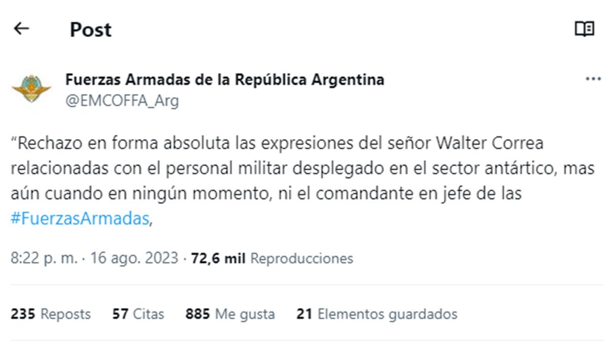 El tuit de la cuenta oficial de las FFAA con las declaraciones del Jefe del Estado MayorConjunto, Juan Martín Paleo en respuesta al ministro Correa.