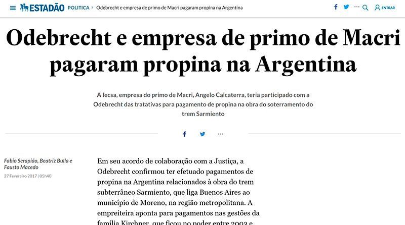 ¡Qué momento! Otra vez el nombre del Presidente argentino en un escándalo de posible corrupción. Recorte de la web Estadao.
