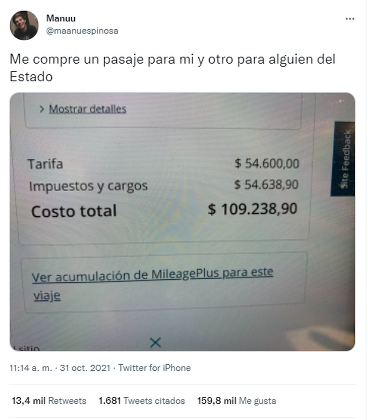 Tweet de un usuario que generó repercusión a raíz del costo de los impuestos en los pasajes al exterior. Foto: @Maanuespinosa